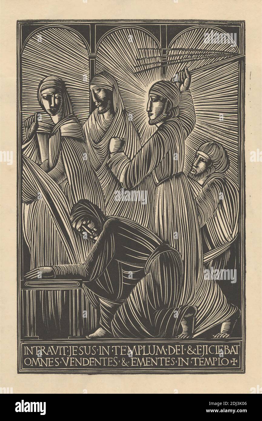 Jesus Driving the Moneychangers from the Temple (Latin), Eric Gill, 1882–1940, British, 1919, Wood-engraving on moderately thick, smooth, cream wove paper, Sheet: 6 1/4 x 4 3/16 inches (15.8 x 10.7 cm) and Image: 5 9/16 x 3 5/8 inches (14.1 x 9.2 cm), illustration, kneeling, men, money, money-changers, New Testament, purification of the temple ('first' and 'second'): Christ driving the money-changers from the temple with a whip (Matthew 12:12-13; Mark 11:15-17; Luke 19:45-46; John 12:12-19), religious, religious and mythological subject, temple, whip Stock Photo
