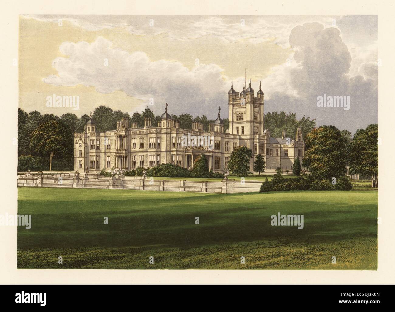 Underley Hall, Cumbria, England. Jacobean-style manor designed by architect George Webster built in 1825 for Alexander Nowell, with additional wing designed by Edward Graham Paley and Hubert Austin for Thomas Taylour, MP, in 1874. Colour woodblock by Benjamin Fawcett in the Baxter process of an illustration by Alexander Francis Lydon from Reverend Francis Orpen Morris’s Picturesque Views of the Seats of Noblemen and Gentlemen of Great Britain and Ireland, William Mackenzie, London, 1880. Stock Photo