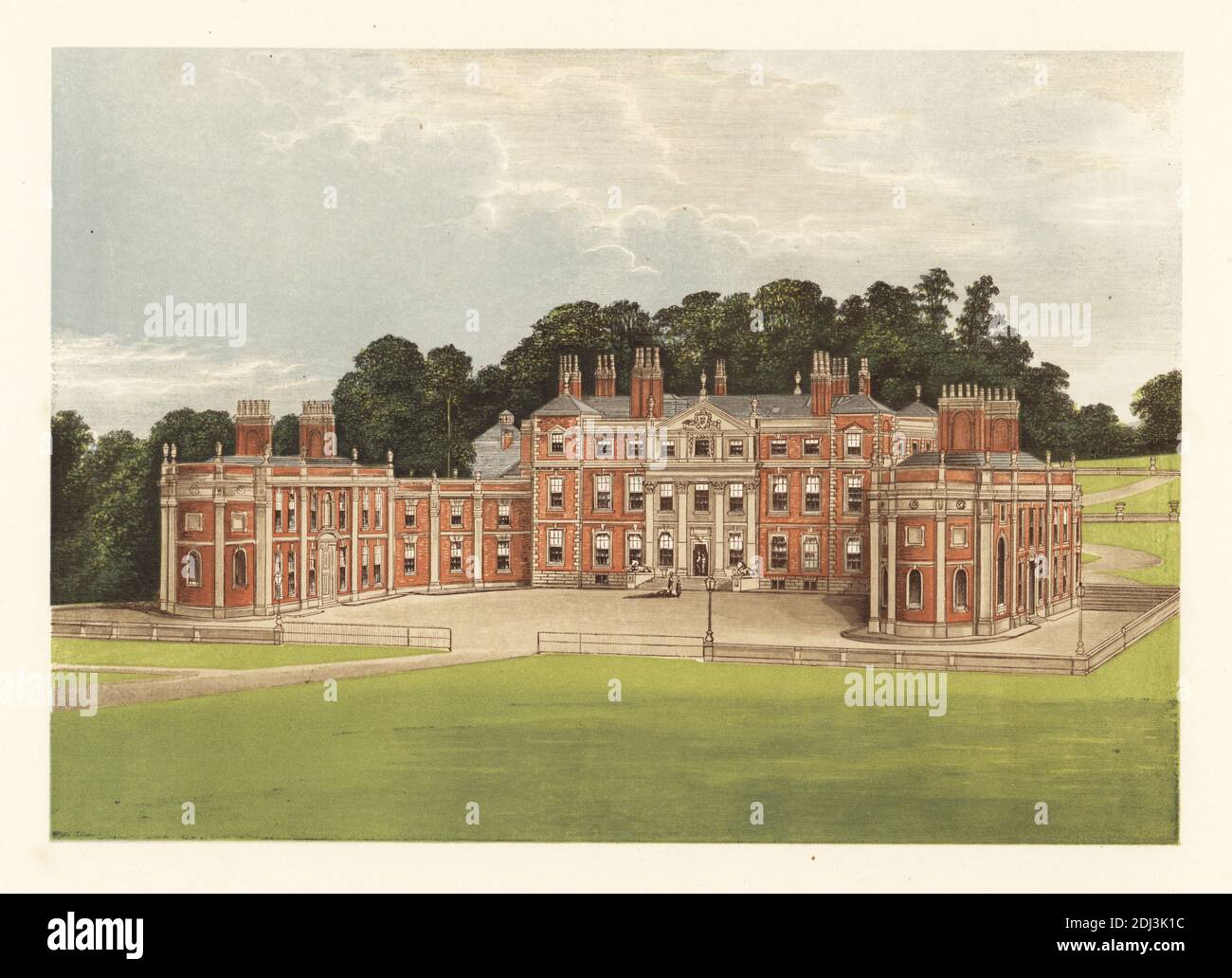 Hawkestone Hall, Shropshire, England. Red-brick house built around 1700, remodelled in 1750 and later enlarged in 1832 by architect Lewis Wyatt for Sir Rowland Hill, 4th Baronet. Colour woodblock by Benjamin Fawcett in the Baxter process of an illustration by Alexander Francis Lydon from Reverend Francis Orpen Morris’s Picturesque Views of the Seats of Noblemen and Gentlemen of Great Britain and Ireland, William Mackenzie, London, 1880. Stock Photo