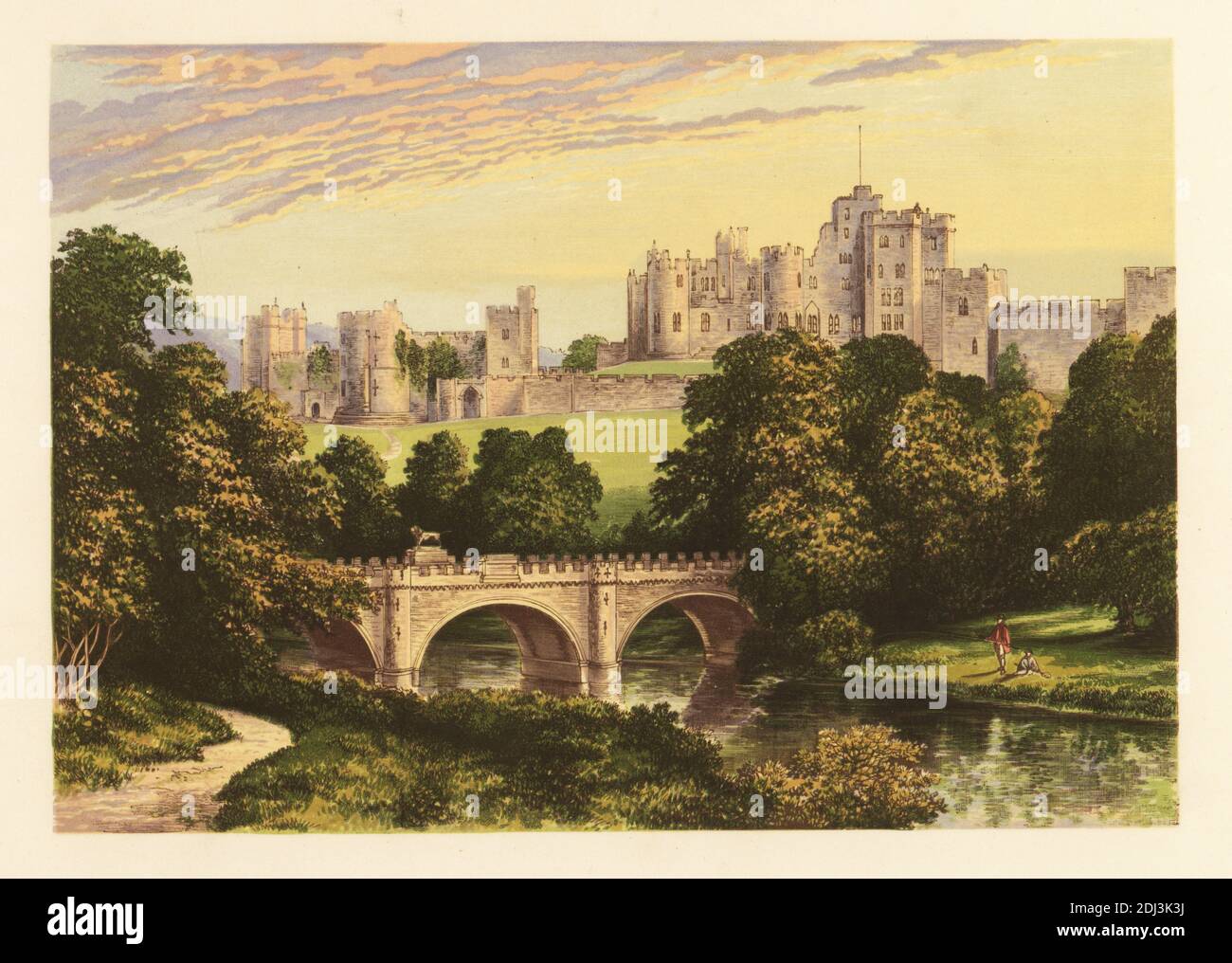 Alnwick Castle, bridge and moat, Northumberland, England. Norman castle built in 1096, renovated in the 18th century by Robert Adam and James Paine with landscaped grounds by Capability Brown, and again in the 19th century by Anthony Savin and Luigi Canina for Algernon Percy, 4th Duke of Northumberland. Colour woodblock by Benjamin Fawcett in the Baxter process of an illustration by Alexander Francis Lydon from Reverend Francis Orpen Morris’s Picturesque Views of the Seats of Noblemen and Gentlemen of Great Britain and Ireland, William Mackenzie, London, 1880. Stock Photo