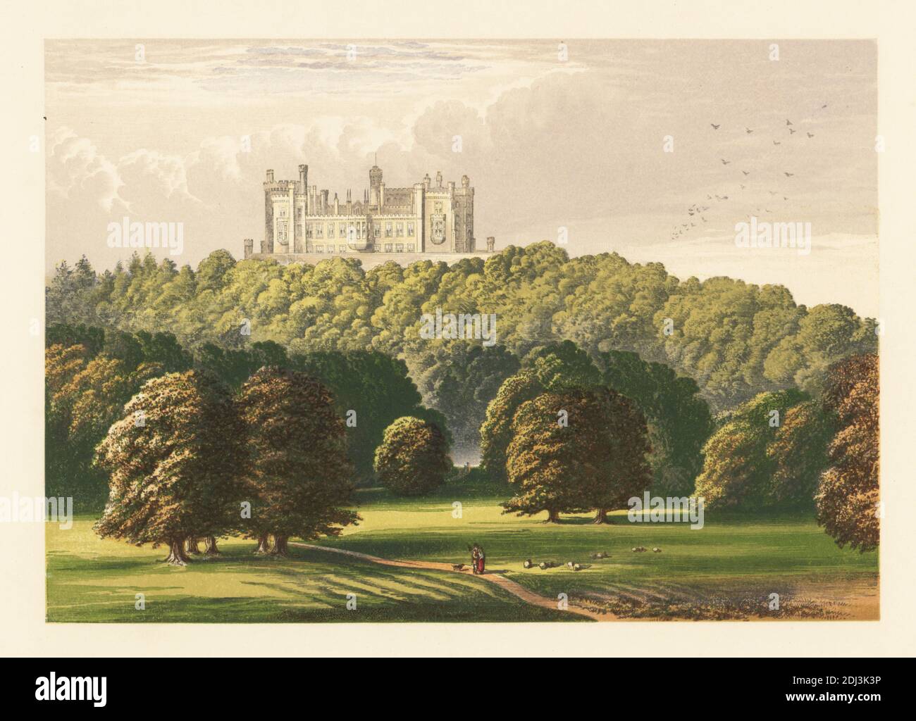 Belvoir Castle, Leicestershire, England. Norman castle rebuilt in the early 19th century by James Wyatt in the Gothic-Revival style for John Henry Manners, 5th Duke of Rutland. Gardens landscaped by Capability Brown and Elizabeth Howard. Colour woodblock by Benjamin Fawcett in the Baxter process of an illustration by Alexander Francis Lydon from Reverend Francis Orpen Morris’s Picturesque Views of the Seats of Noblemen and Gentlemen of Great Britain and Ireland, William Mackenzie, London, 1880. Stock Photo