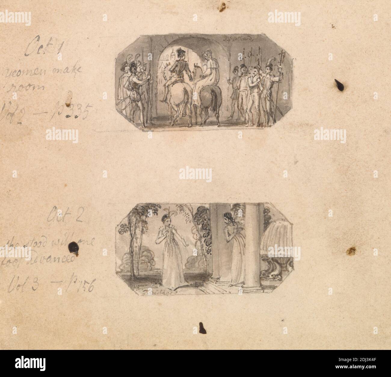 October 1st: Yeomen Make Room (Vol. 2, p. 335) October 2nd: She Stood With One Foot Advanced (Vol. 3, p. 156), Thomas Stothard, 1755–1834, British, undated, Gray wash with pen and black ink on thin, smooth, cream wove paper, Sheet: 3 3/4 × 4 1/2 inches (9.5 × 11.4 cm), archway, aristocrats, cloak, doublets, dresses, fountain, genre subject, guards, halberds, horses (animals), Kenilworth, by Walter scott, 1821, pillars, plumes, swords, veranda, women Stock Photo