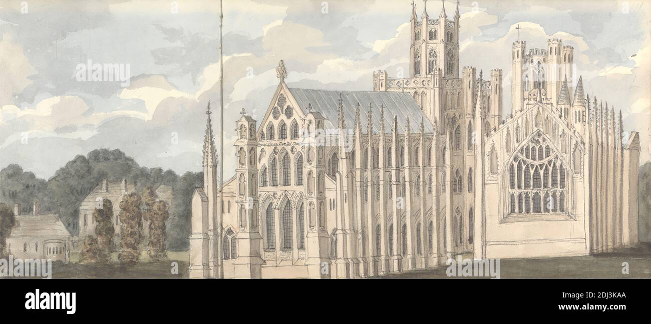 Ely Cathedral, August 5, 1824, Anne Rushout, ca. 1768–1849, British, 1825, Watercolor, graphite, and pen and black ink on moderately thick, slightly textured, cream wove paper, Sheet: 7 × 21 inches (17.8 × 53.3 cm) and Image: 7 × 16 inches (17.8 × 40.6 cm), architectural subject Stock Photo
