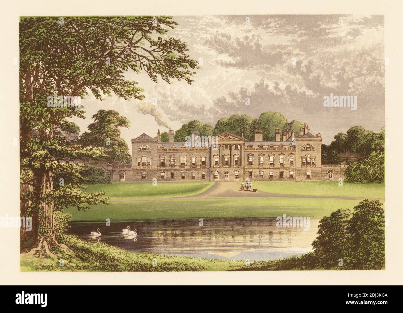 Woburn Abbey, Bedfordshire, England. Country house designed by Henry Flitcroft and Henry Holland and built in 1744 for John Russell, 4th Duke of Bedford, with landscaped gardens and deer park by Humphry Repton. Colour woodblock by Benjamin Fawcett in the Baxter process of an illustration by Alexander Francis Lydon from Reverend Francis Orpen Morris’s Picturesque Views of the Seats of Noblemen and Gentlemen of Great Britain and Ireland, William Mackenzie, London, 1880. Stock Photo