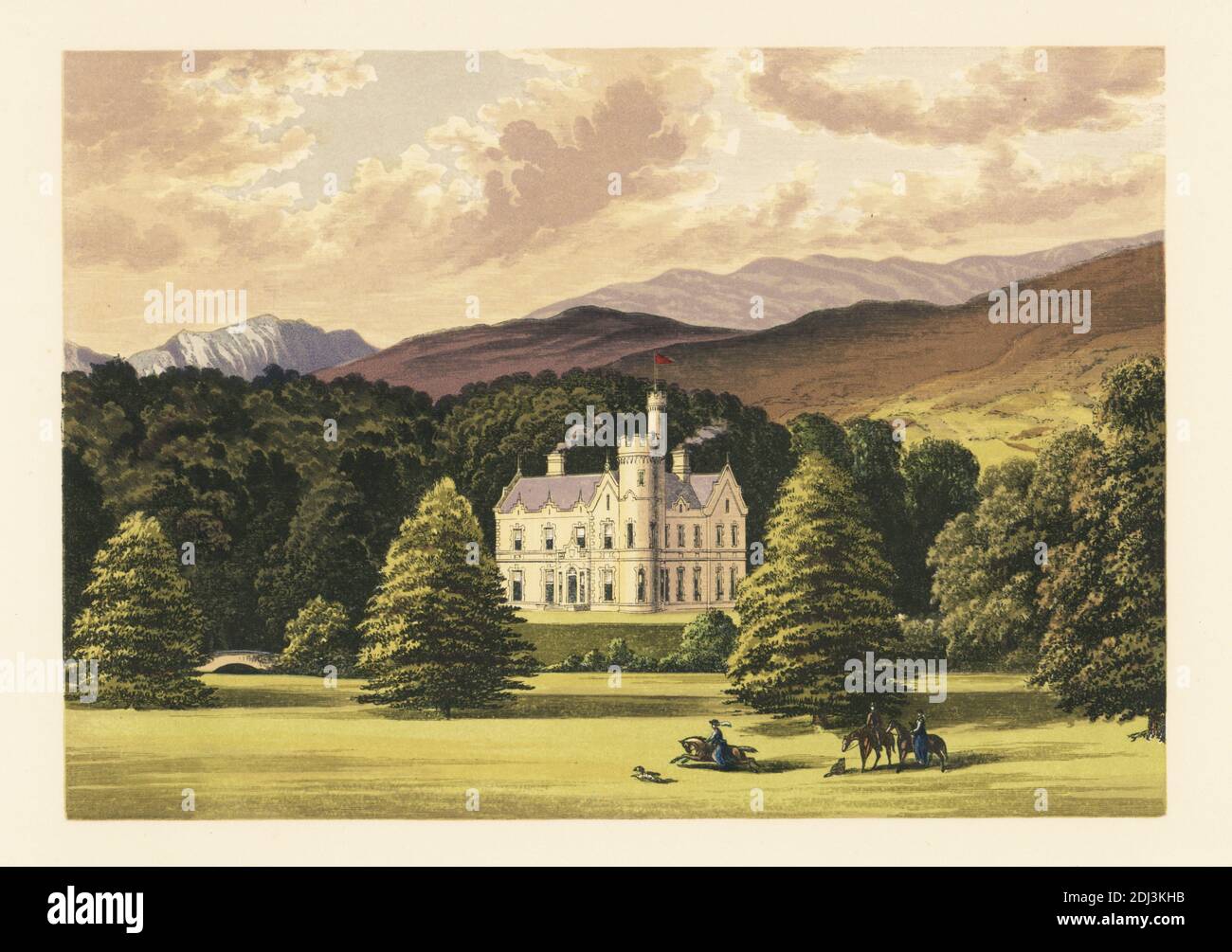 Ardtully, County Kerry, Ireland. Scottish-Baronial style mansion house with circular tower built in 1847 for Sir Richard John Theodore Orpen on the site of an old castle. Colour woodblock by Benjamin Fawcett in the Baxter process of an illustration by Alexander Francis Lydon from Reverend Francis Orpen Morris’s Picturesque Views of the Seats of Noblemen and Gentlemen of Great Britain and Ireland, William Mackenzie, London, 1880. Stock Photo