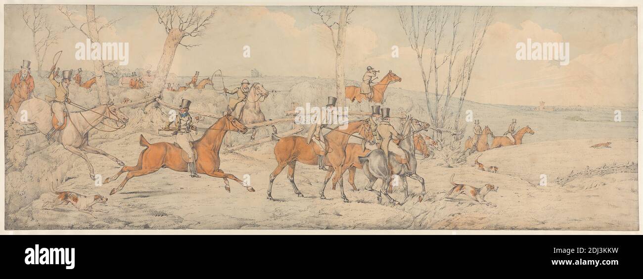 Foxhunting: The Start, Henry Thomas Alken, 1785–1851, British, 1822, Graphite and watercolor on medium, moderately textured, beige, wove paper, Sheet: 9 1/2 × 26 13/16 inches (24.1 × 68.1 cm Stock Photo