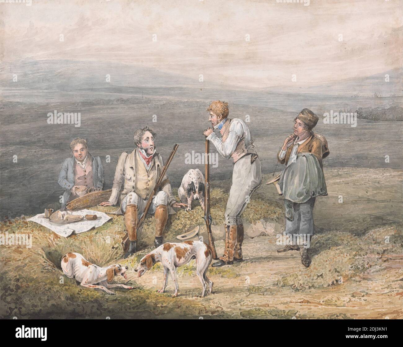 Grouse Shooting: The Wrong Sort, Henry Thomas Alken, 1785–1851, British, undated, Watercolor, pen and black ink, brown ink, and graphite on medium, slightly textured, cream, wove paper, mounted on thick, moderately textured, brown, wove paper, Sheet: 8 1/2 × 10 3/4 inches (21.6 × 27.3 cm), Contemporary drawn border: 9 × 11 1/4 inches (22.9 × 28.6 cm), and Mount: 11 × 13 3/16 inches (27.9 × 33.5 cm), basket, blanket, dogs (animals), grass, grouse, hill, hounds (dogs), hunt, hunters, hunting, landscape, men, rocks (landforms), shotguns, sporting art Stock Photo