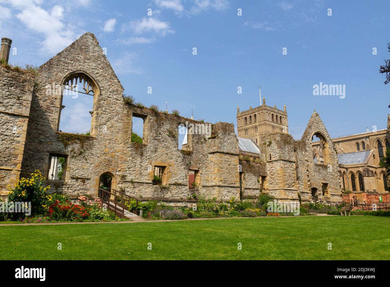 The Palace Ruins in the Education Garden, Southwell Minster, Southwell, Nottinghamshire, UK. Stock Photo