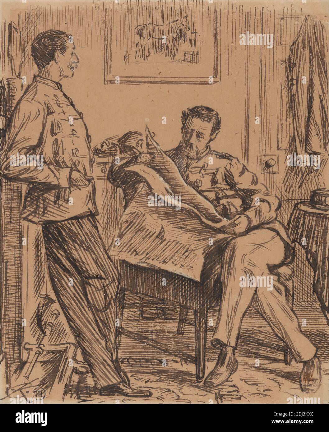 The Queen's English: An Iillustration in 'Punch', Aug. 11, 1877, Charles Samuel Keene, 1823–1891, British, ca. 1877, Pen in brown ink on medium, slightly textured, beige, wove paper, Sheet: 7 3/8 × 6 1/16 inches (18.7 × 15.4 cm), English languages and literatures, figure study, genre subject, illustration, interior, men, newspaper, reading Stock Photo