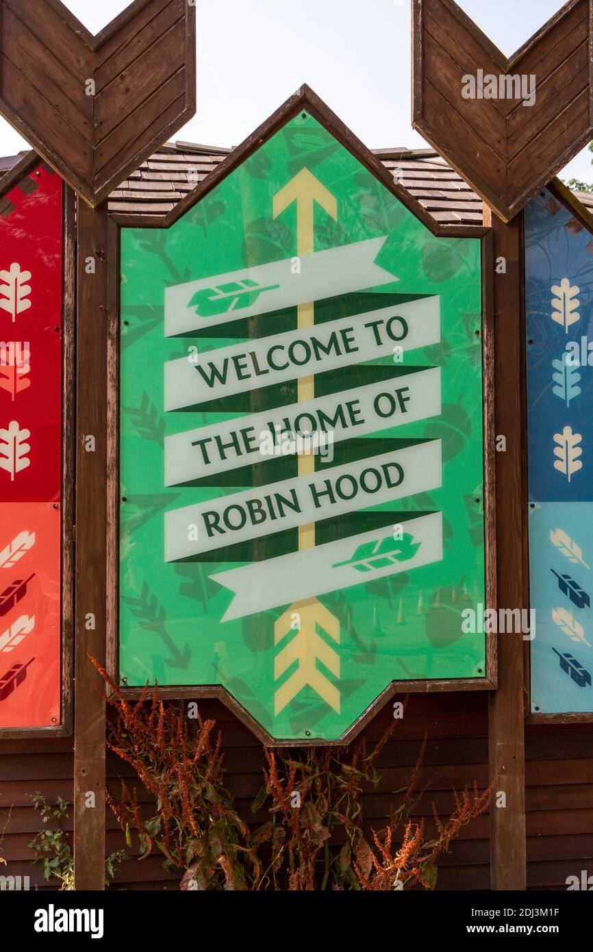 'Welcome to the home of Robin Hood' sign, Sherwood Forest, Nottinghamshire, UK. Stock Photo