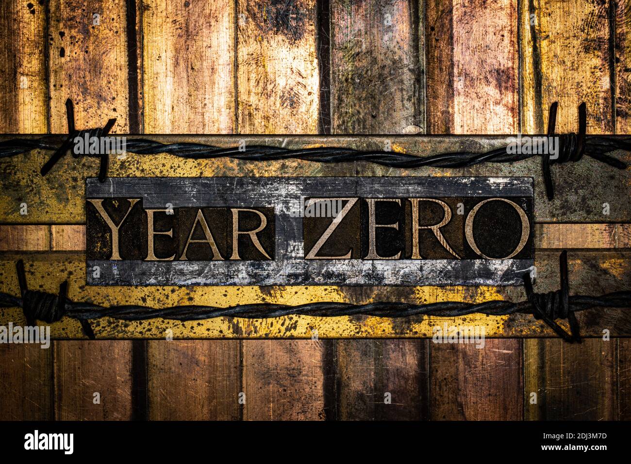 Year Zero text on vintage textured bronze grunge copper and gold background Stock Photo