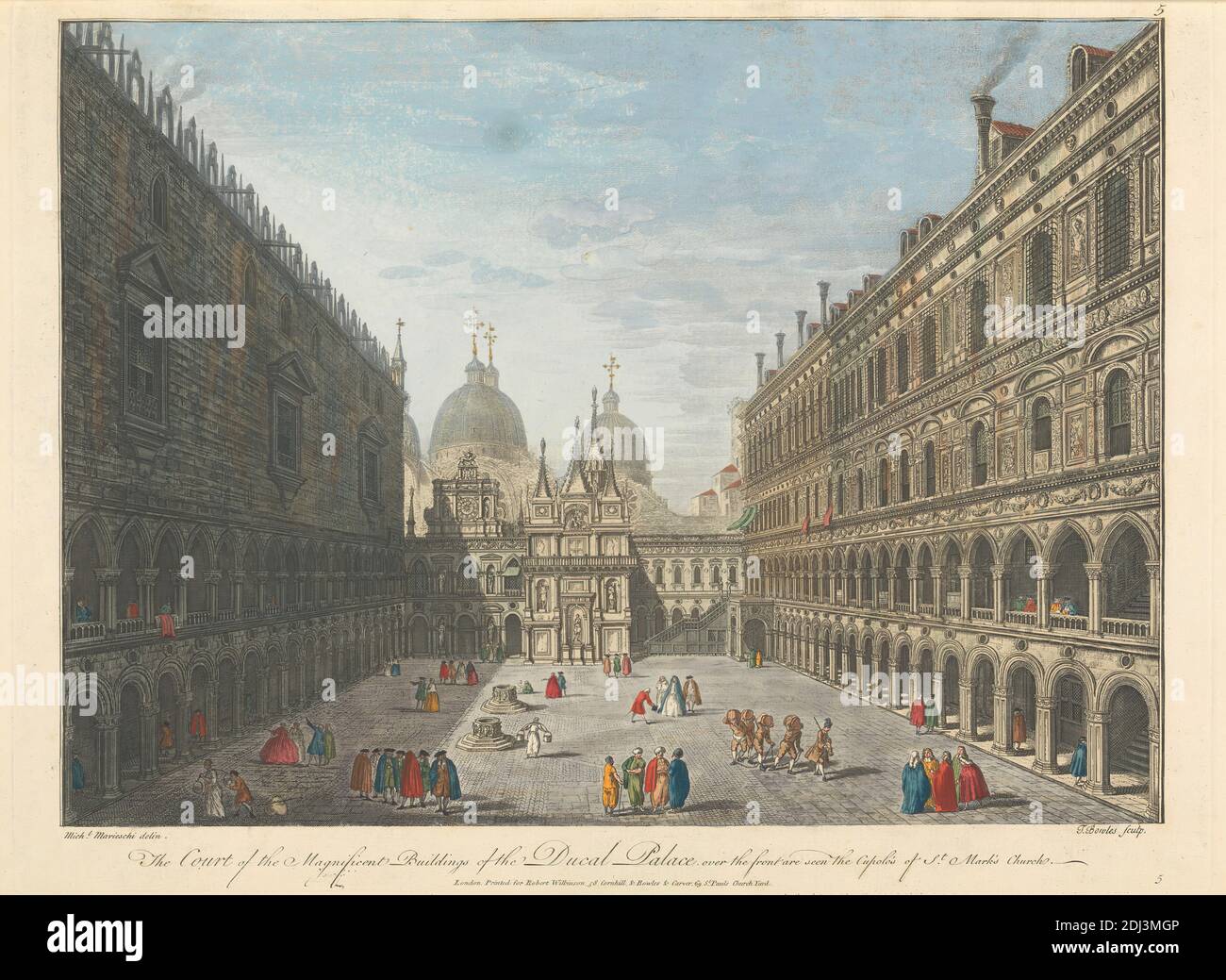 The Court of the Magnificent Building of the Ducal Palace over the front are seen the Cupolo's of St. Mark's Church., Thomas Bowles, ca. 1712–died 1753, British, after unknown artist, (Marieschi, M.), undated, Hand-colored engraving on wove paper, Sheet: 60 1/2in. (153.7cm), arches, architectural subject, cityscape, courtyard, domes, palace, Europe, Italy, Palazzo Ducale, Veneto, Venice Stock Photo