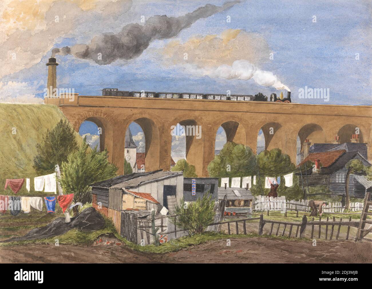 London Chatham and Dover Railway Viaduct, S Mary Cray, Kent, Feb. 16, 1881 - Dec. 15, 1882, George Buchanan Wollaston, Active 1879–1886, 1881, Watercolor and gouache with brown ink and black ink and graphite on moderately thick, moderately textured, cream wove paper, Sheet: 10 × 14 inches (25.4 × 35.6 cm), architectural subject, church, cityscape, fence, genre subject, laundry, smoke, train (vehicle grouping), viaduct, England, Kent, Saint Mary Cray, St Mary Cray viaduct, St Mary the Virgin Church, United Kingdom Stock Photo