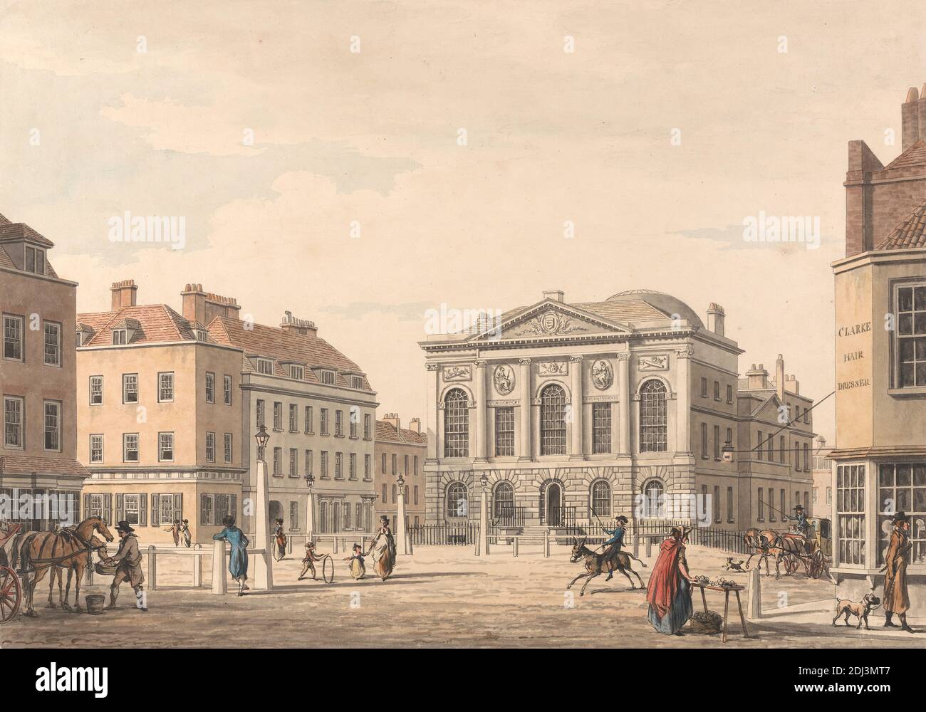 The Sessions House, Junction of Farringdon and Clerkenwell Roads, Thomas Malton the Younger, 1748–1804, British, undated, Watercolor over etched outline on medium, slightly textured, cream, wove paper, mounted on, thick, slightly textured, beige, laid paper, Sheet: 8 3/8 x 11 15/16in. (21.3 x 30.3cm), architectural subject Stock Photo