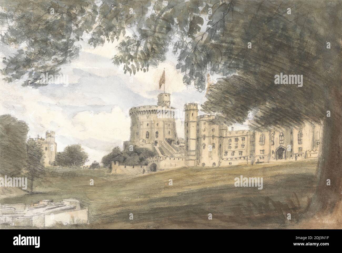 Windsor Castle View - King George IV Gate and the Round Tower, July 28, 1832, 11:30 am, Dr. William Crotch, 1775–1847, 1832, Graphite and watercolor on medium, smooth, blued white, laid paper, Mount: 10 3/8 × 12 3/8 inches (26.4 × 31.4 cm), Contemporary drawn border: 6 1/8 × 8 5/8 inches (15.6 × 21.9 cm), and Sheet: 5 5/16 × 7 15/16 inches (13.5 × 20.2 cm), architectural subject Stock Photo
