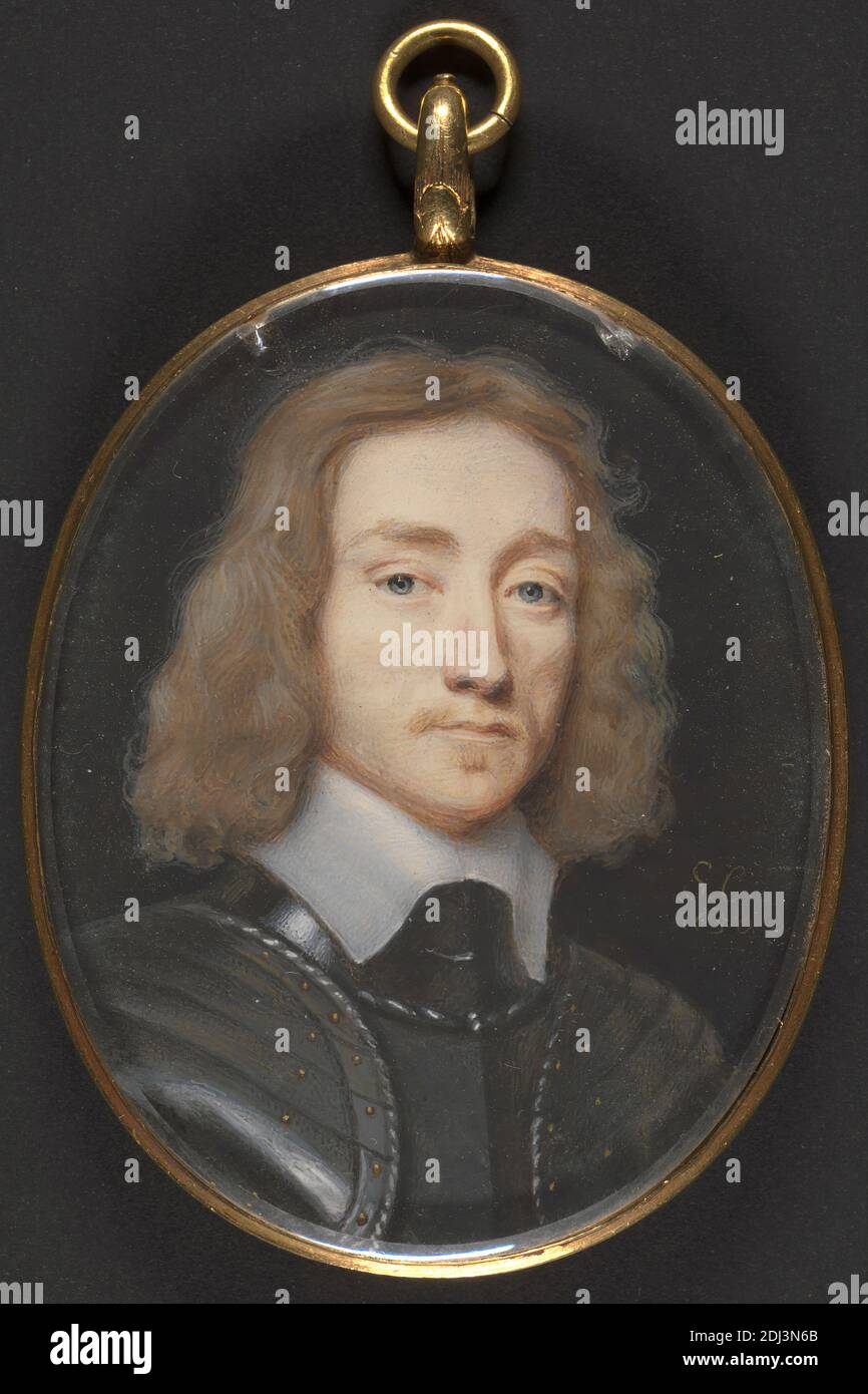 Portrait of a Man in Armor, Samuel Cooper, 1609–1672, British, 1650, Gouache on card, Sheet: 2 3/8 x 2 inches (6 x 5.1 cm) and Frame: 3 x 2 1/8 x 1/8 inches (7.6 x 5.4 x 0.3 cm), armor, gentlemen, portrait Stock Photo