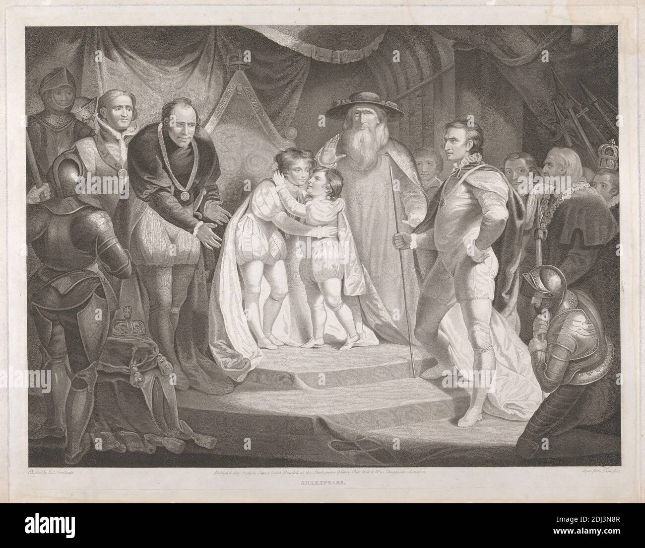 King Richard III: Act III, Scene I (The Meeting of Edward V and His Brother, Richard, Duke of York), Print made by Robert Thew, 1758–1802, British, after James Northcote, 1746–1831, British, 1789, Stipple engraving and aquatint on medium, slightly textured, cream laid paper, Sheet: 20 1/8 × 29 3/8 inches (51.1 × 74.6 cm), Plate: 19 3/4 × 24 3/4 inches (50.2 × 62.9 cm), and Image: 17 3/8 × 23 1/4 inches (44.1 × 59.1 cm), armor, brothers, children, embrace, literary theme, princes, Richard III, play by William Shakespeare, royalty, soldiers Stock Photo