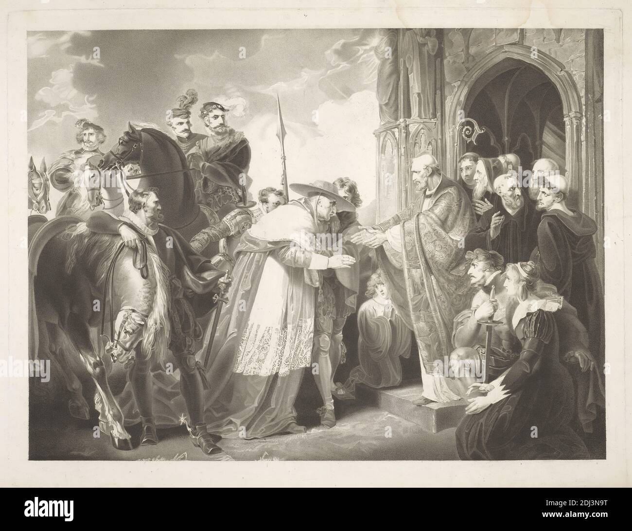 Henry VIII, Act IV, Scene II, Abbey of Leicester. Wolsey, Northumberland, and Attendants, Abbot of Leicester, etc., Robert Thew, 1758–1802, British, after Richard Westall, 1765–1836, British, 1803, Engraving, Sheet: 17 5/16 x 23 1/4in. (44 x 59.1cm Stock Photo
