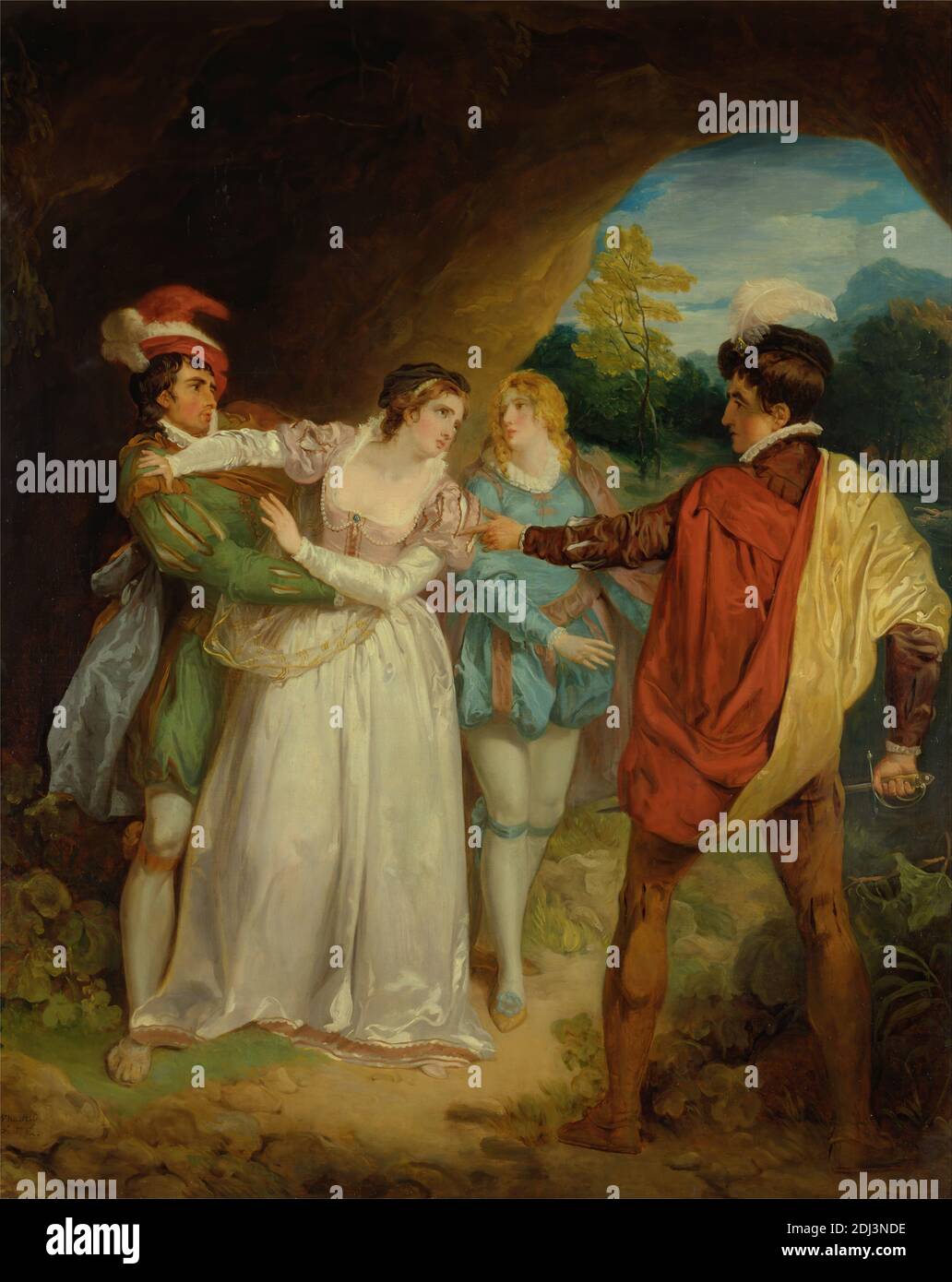 Valentine rescuing Silvia from Proteus, from Shakespeare's 'The Two Gentlemen of Verona,' Act V, Scene 4, the Outlaws' Cave, Francis Wheatley, 1747–1801, British, 1792, Oil on canvas, Support (PTG): 65 1/2 x 52 1/2 inches (166.4 x 133.4 cm), cave, comedy, costume, disguise, gesture, literary theme, love, lovers, men, mountain, The Two Gentlemen of Verona, play by William Shakespeare, theater (discipline), women Stock Photo