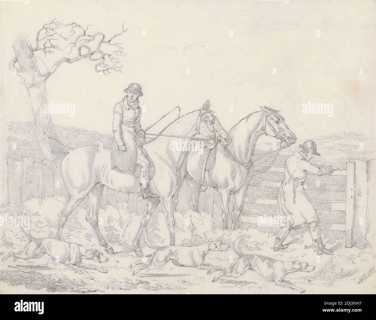 Scraps', No. 24: Hunting -Ttwo Riders, One Opening a Gate For Hounds, Henry Thomas Alken, 1785–1851, British, 1823, Graphite and white gouache on medium, slightly textured, blued white, wove paper, Sheet: 7 3/16 × 9 3/16 inches (18.3 × 23.3 cm), dogs (animals), fence, gate, horseback riders, horseback riding, horses (animals), hounds (dogs), hunt, hunters, hunting, men, sporting art, tree, whip Stock Photo