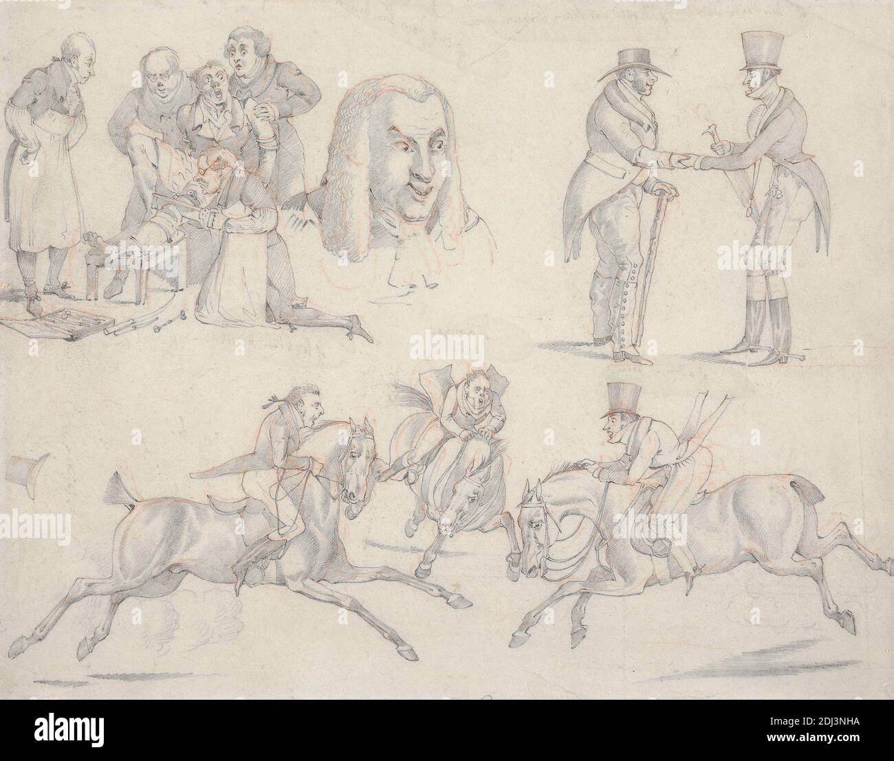 Symptoms: of How Do You Do, of I Should Not Have Known You, of My Lud, Of Easing a Patient, of a Loose Rein, of Wokey, of Tight in Hand, Henry Thomas Alken, 1785–1851, British, between 1818 and 1822, Graphite and red chalk on medium, slightly textured, blued white, wove paper, Sheet: 6 3/4 × 8 5/8 inches (17.1 × 21.9 cm), cane, crash, galloping, genre subject, hats, horseback riders, horseback riding, horses (animals), meeting, men, patient, portrait, saw, sporting art, surgeon, surgery Stock Photo
