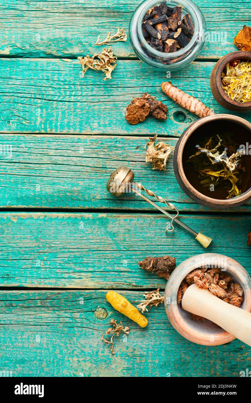 Herbal tea from medicinal herbs.Medicinal plants and roots in herbal