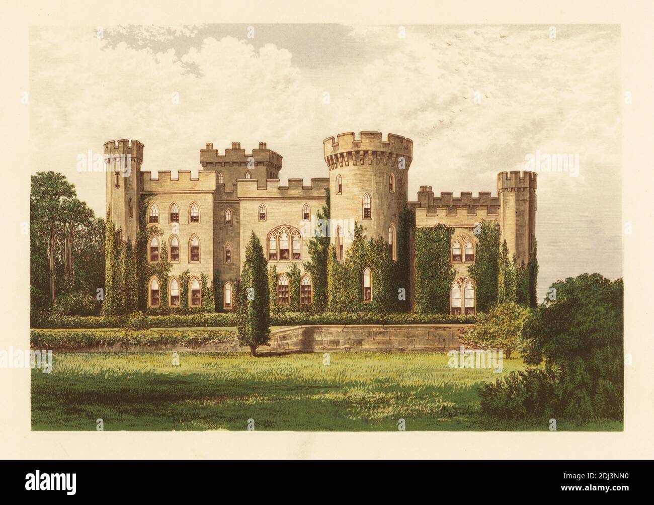 Cholmondeley Castle, Cheshire, England. Gothic-style crenellated house built by William Turner in 1801 remodelled by Robert Smirke for George Cholmondeley, 1st Marquess of Cholmondeley. Colour woodblock by Benjamin Fawcett in the Baxter process of an illustration by Alexander Francis Lydon from Reverend Francis Orpen Morris’s Picturesque Views of the Seats of Noblemen and Gentlemen of Great Britain and Ireland, William Mackenzie, London, 1880. Stock Photo