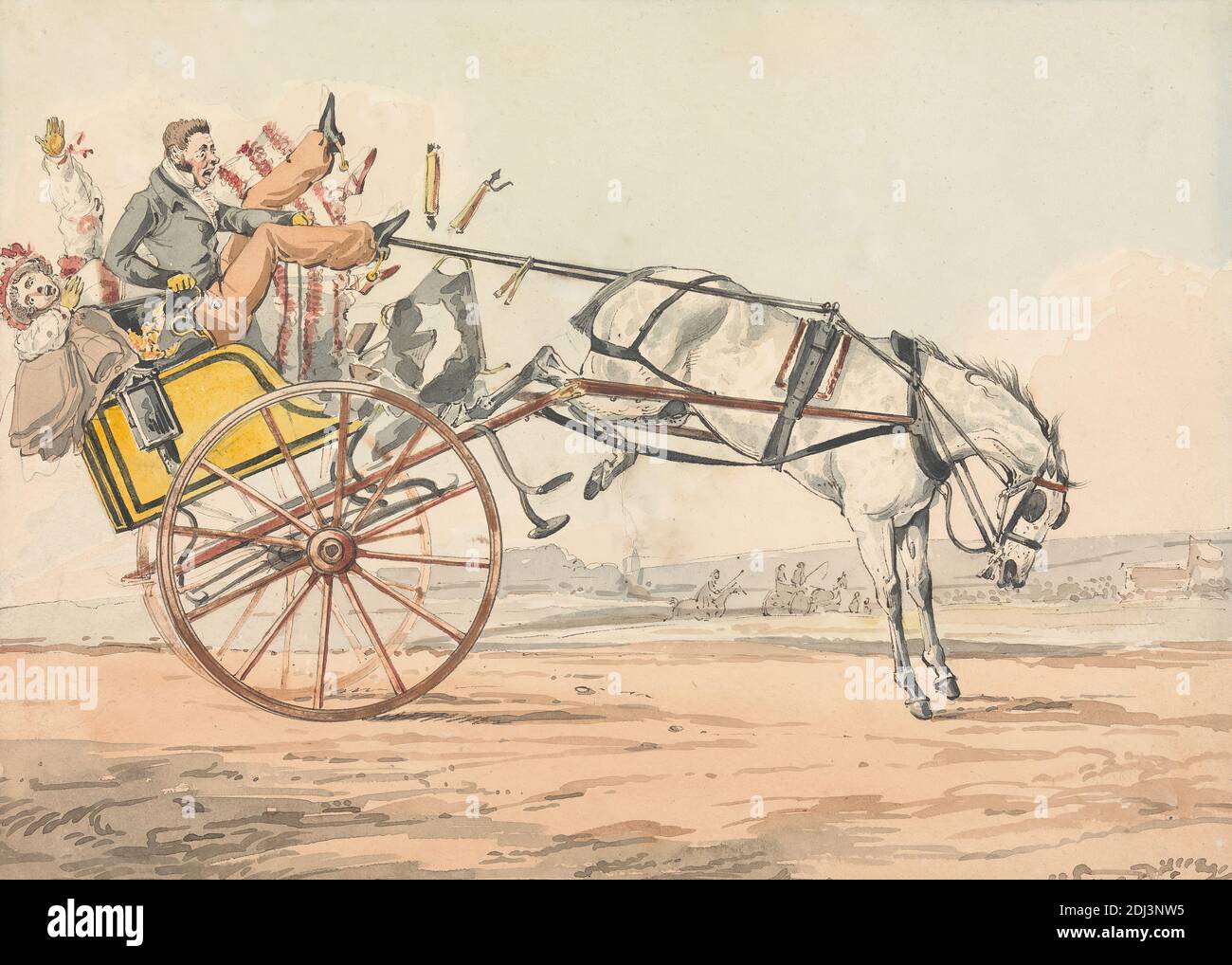 Sporting Discoveries, or the Miseries of Driving...' You Discover that the Reins are Under His Tail, Henry Thomas Alken, 1785–1851, British, undated, Watercolor, with pen, in brown ink and black ink, over graphite on medium, slightly textured, beige, wove paper, Sheet: 7 1/2 × 10 3/8 inches (19.1 × 26.4 cm), carriage, driver, driving, falling, genre subject, horse (animal), man, rearing (horse), reins, woman Stock Photo