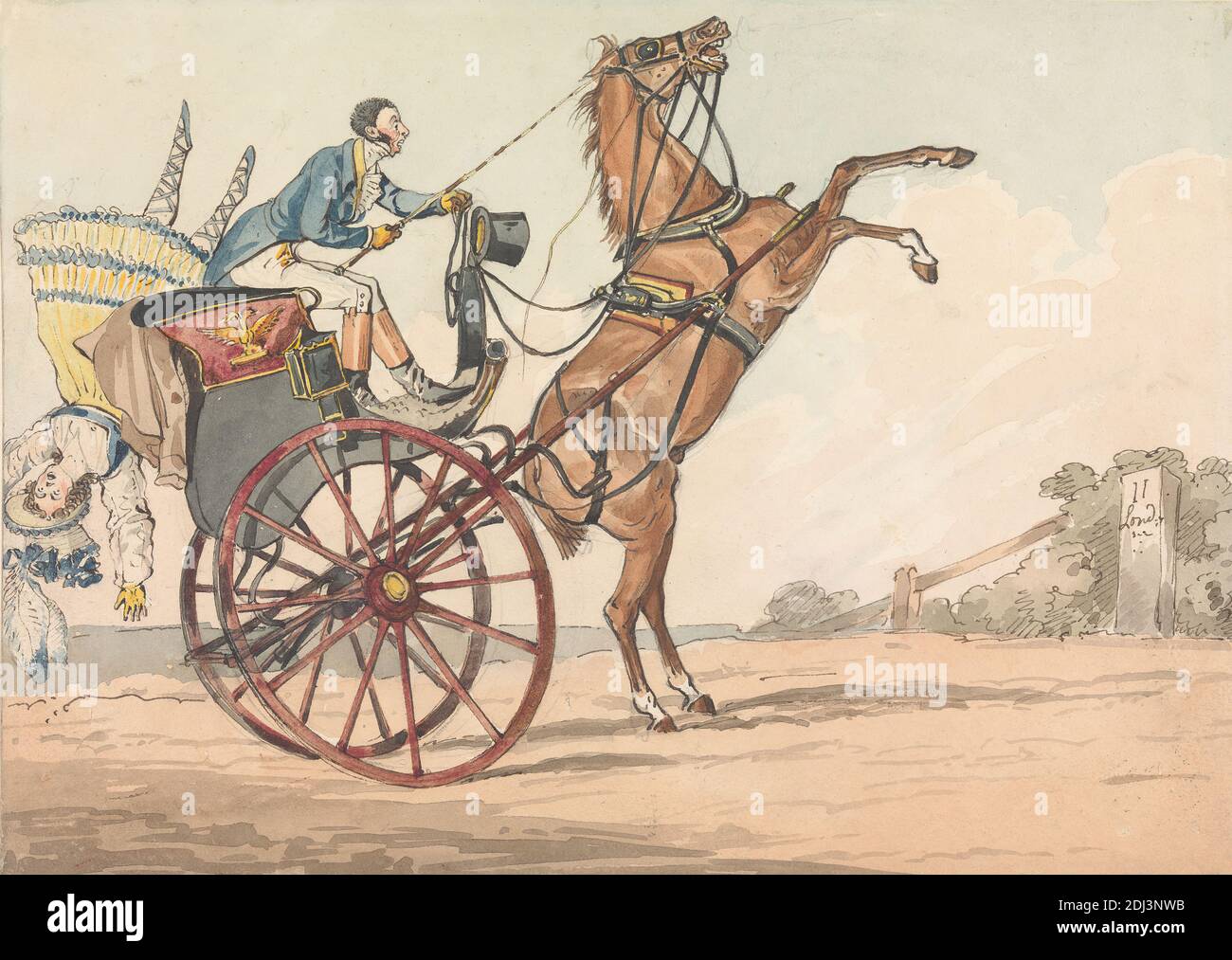 Sporting Discoveries, or the Miseries of Driving:' ... Up and Down, or the Endeavor to Discover Which Way Your Horse is Inclined to Come Down, Backwards or Forwards, Henry Thomas Alken, 1785–1851, British, undated, Watercolor, with pen, in brown ink and black ink, over graphite on medium, slightly textured, cream, wove paper, Sheet: 7 3/8 × 10 3/8 inches (18.7 × 26.4 cm), carriage, driver, driving, falling, fence, genre subject, hat, horse (animal), man, rearing (horse), reins, trees, woman Stock Photo
