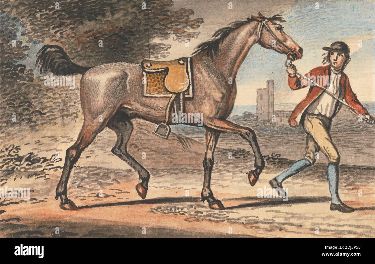 Stable Boy Leading a Trotting Horse in a Landscape with a Castle Tower, John Collet, ca. 1725–1780, British, undated, Watercolor, with pen, in black ink on medium, beige, moderately textured, wove paper, Sheet: 3 1/8 × 4 13/16 inches (7.9 × 12.2 cm), boy, castle, genre subject, groom (caretaker of horses), horse (animal), landscape, saddle, sporting art, tower, trees, trotting Stock Photo