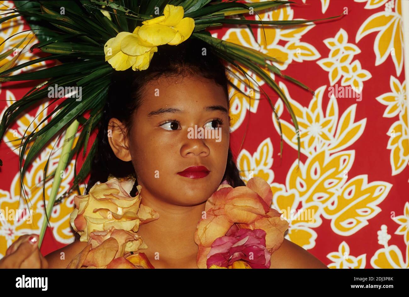 Polynesian girl, Tiki Village, Moorea, Society Islands, French Polynesia Stock Photo