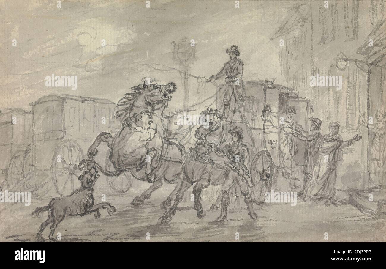 A Lioness Attacking the Off-Leader of the Exeter Mail Coach Outside the Pheasant Inn, Winterslow, on the Night of 20 October 1816, Julius Caesar Ibbetson, 1759–1817, British, undated, Pen, in gray ink and gray wash on medium, moderately textured, blued white, laid paper, Sheet: 3 7/8 × 6 1/8 inches (9.8 × 15.6 cm), attacking, coach, genre subject, horses (animals), inn, lioness, mailing, men, post chaise, women, England, Europe, United Kingdom, Wiltshire Stock Photo