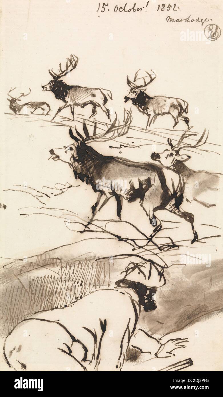 The Deer-Stalker, Oct. 15, 1852, Sir Edwin Henry Landseer, 1802–1873, British, 1852, Pen, in brown ink, and brown wash on medium, smooth, cream laid paper, Sheet: 7 3/16 × 4 3/8 inches (18.3 × 11.1 cm), deer, hunting, sporting art Stock Photo