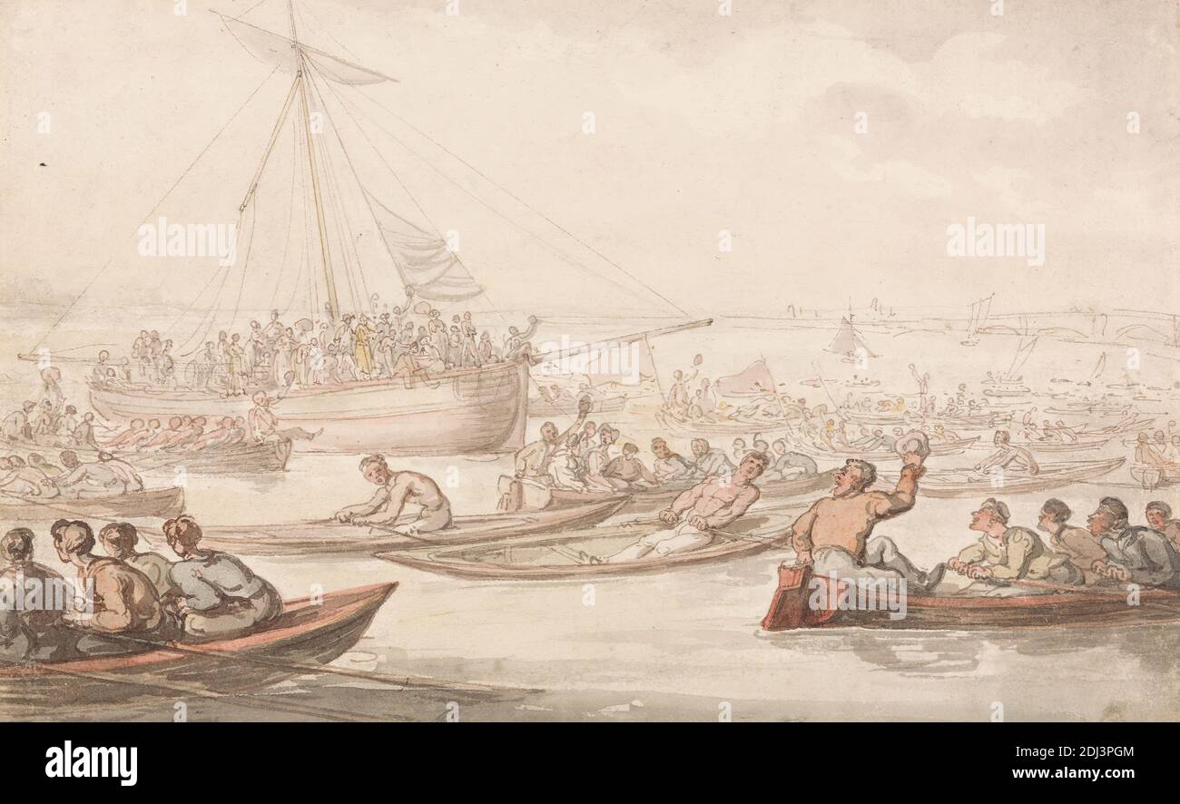 The Annual Sculling Race for Doggett's Coat and Badge, Thomas Rowlandson, 1756–1827, British, between 1805 and 1810, Watercolor, with pen, in brown ink, and graphite on medium, slightly textured, blued white, wove paper, Sheet: 5 11/16 × 9 3/16 inches (14.4 × 23.3 cm), badge, boats, coat, crowd, marine art, men, oars, race (event), racing, sails, sporting art, water Stock Photo