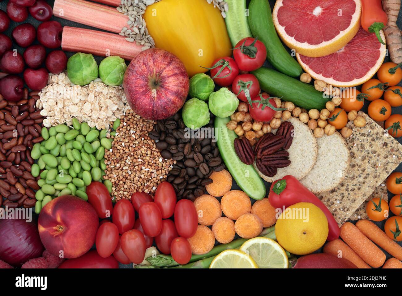 Clean eating concept with health food high in antioxidants that neutralise free radicals. Also high in dietary fibre, vitamins, smart ca Stock Photo