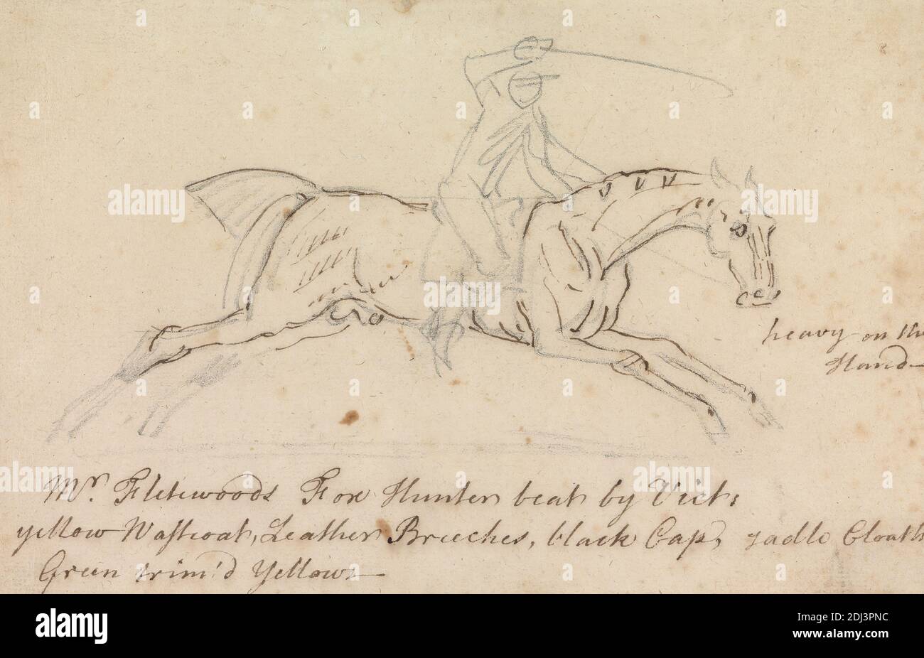 Foxhunter, with Jockey Up, James Seymour, 1702–1752, British, undated, Graphite and pen and brown ink on medium, moderately textured, beige, laid paper, Sheet: 5 7/16 × 8 5/16 inches (13.8 × 21.1 cm), figure study, horse (animal), horse racing, jockey, man, sporting art, whip Stock Photo