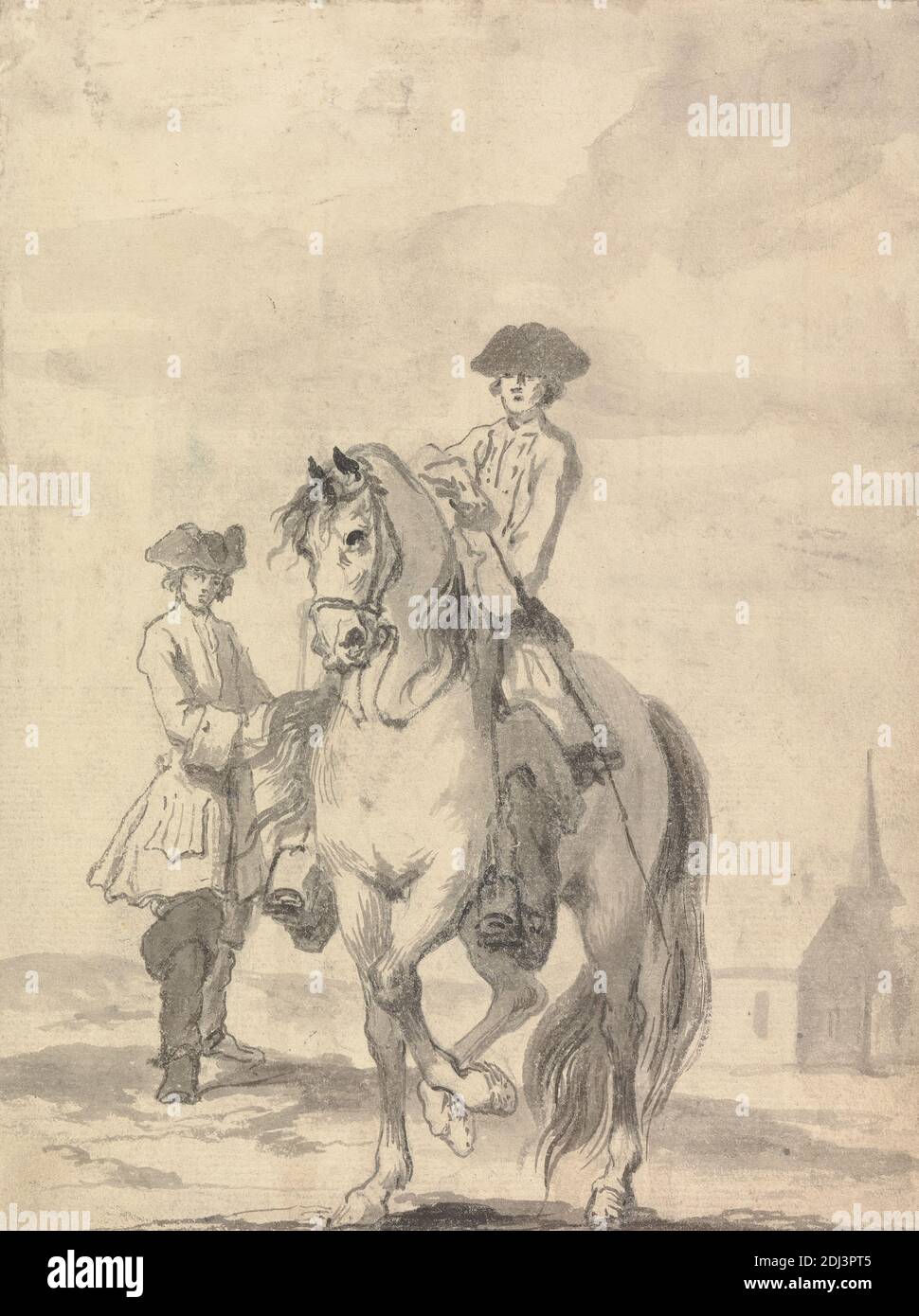 The Passage to the Right Aided by the Rider's Rod & the Master Holding the Alonge: Engraved as plate 10 in Twenty Five Actions of the Manage Horse..., John Vanderbank, 1694–1739, British, 1729, Pen, in gray ink, black ink, gray wash and graphite on medium, moderately textured, blued white, laid paper, Sheet: 8 1/4 × 6 3/16 inches (21 × 15.7 cm), church, figure study, figures (representations), genre subject, horse (animal), horseback riders, horseback riding, horsemen, men, sporting art, tricorn hats Stock Photo