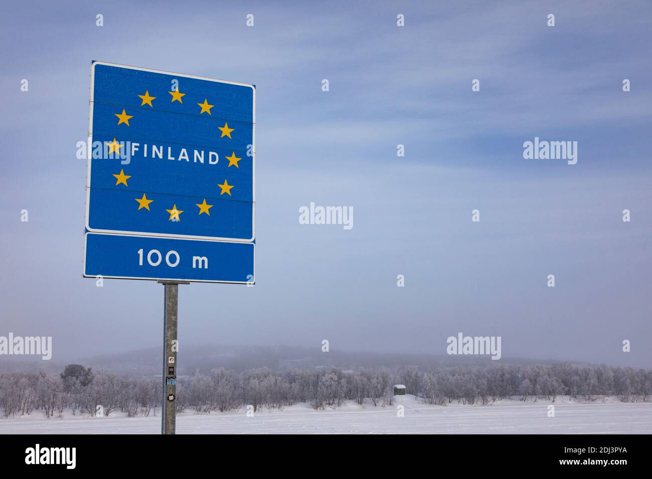 Lapland, Finland - March 4, 2020: border sign between Finland and Sweden. Stock Photo
