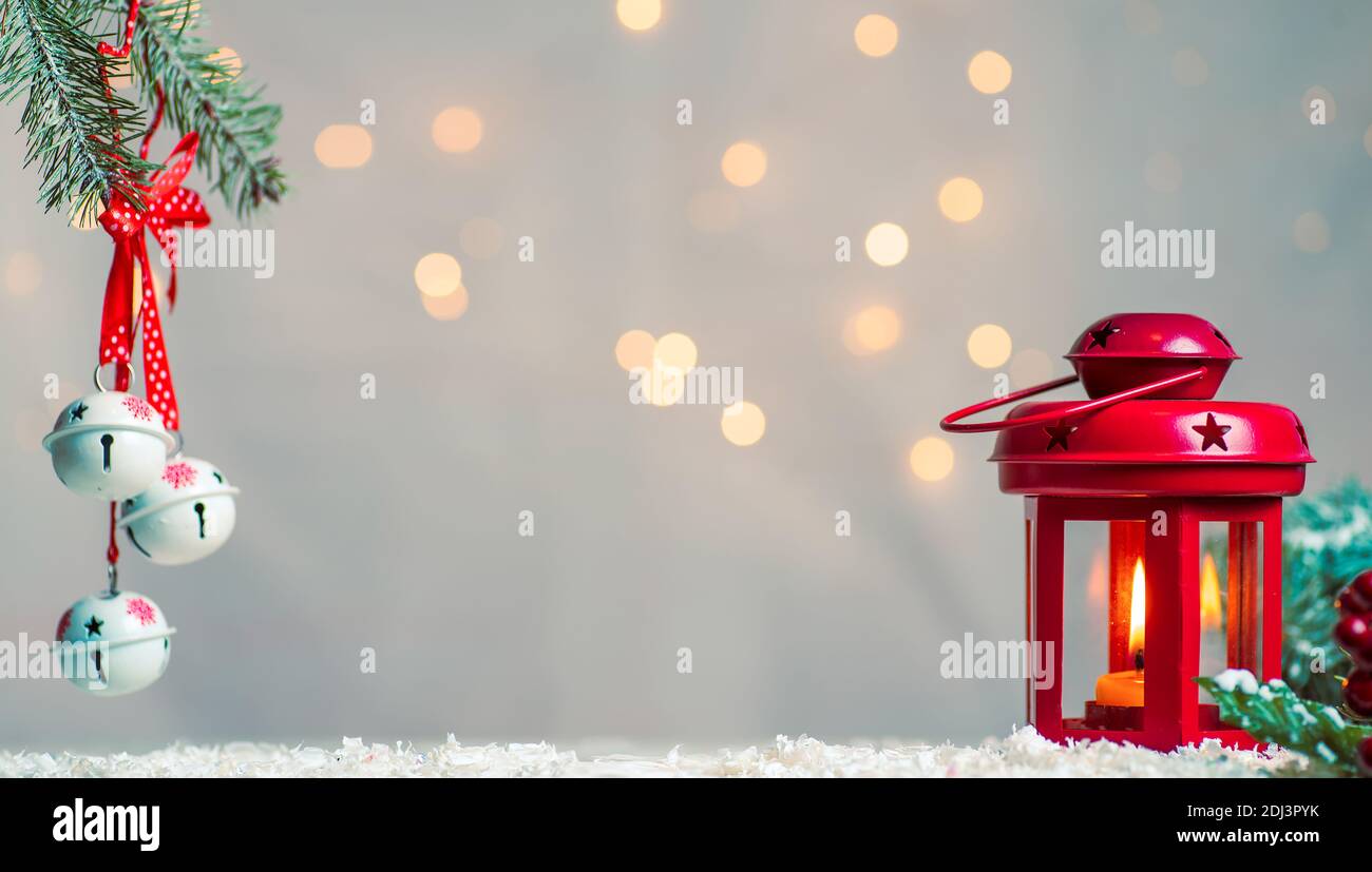Festive candle light lantern and Christmas and New Year holidays copy space background Stock Photo