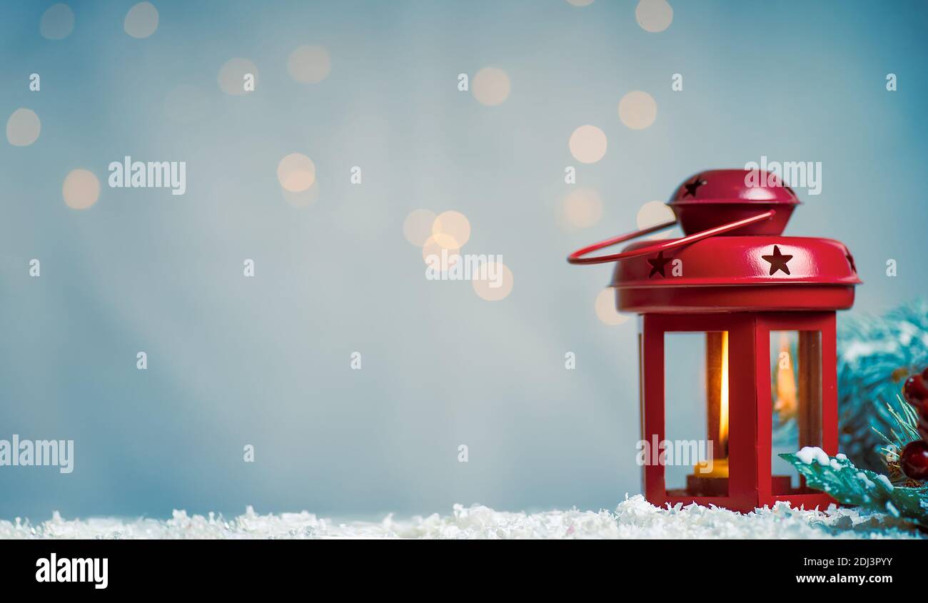 Festive candle light lantern and Christmas and New Year holidays copy space background Stock Photo