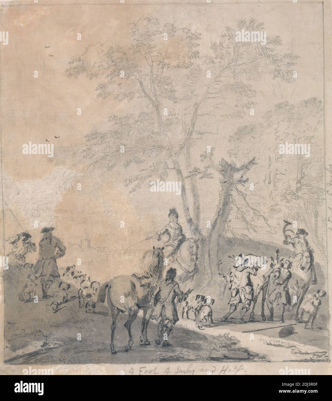 A Meet: a Lady Rider Converses with a Gentleman Standing by His Horse..., John Wootton, 1682–1764, British, undated, Graphite, pen, in black ink, and gray wash on medium, slightly textured, cream, laid paper, Sheet: 7 5/8 × 6 13/16 inches (19.4 × 17.3 cm) and Image: 7 3/16 × 6 1/2 inches (18.3 × 16.5 cm), dogs (animals), figure study, gentleman, horseback riders, horseback riding, horses (animals), hounds (dogs), lady, landscape, men, sporting art, tree, women Stock Photo