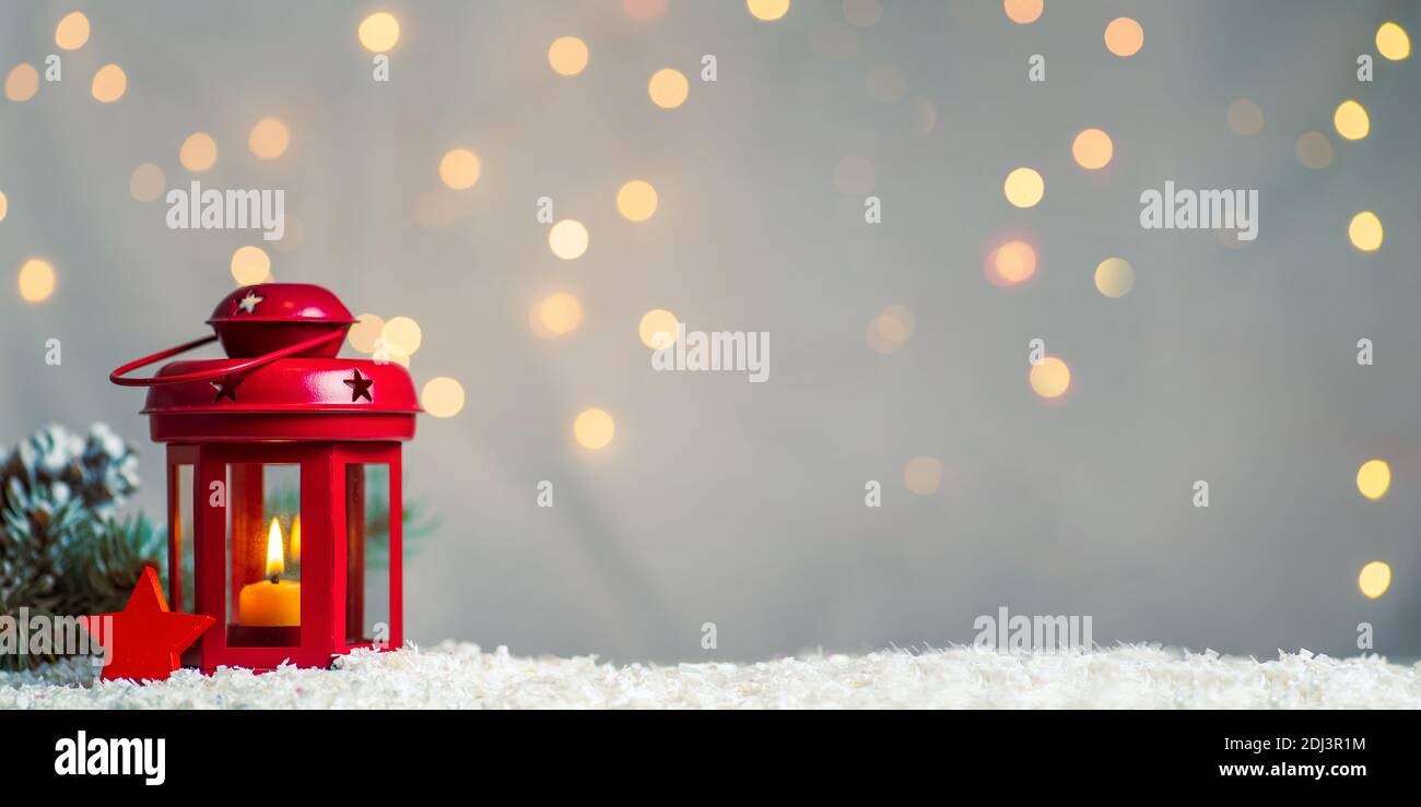 Festive candle light lantern and Christmas and New Year holidays copy space background Stock Photo