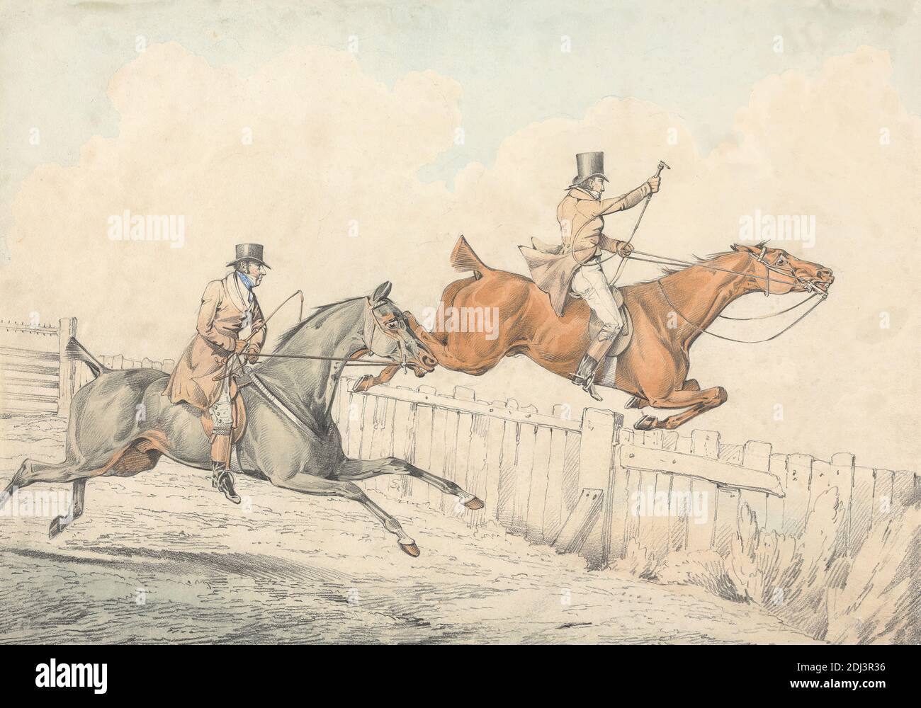 Two Riders Jumping a Wooden Fence, Henry Thomas Alken, 1785–1851, British, undated, Graphite and watercolor on medium, slightly textured, blued white, wove paper, Sheet: 9 5/16 × 13 1/4 inches (23.7 × 33.7 cm), fence, galloping, horseback riders, horseback riding, horses (animals), jumping, men, sporting art, whips (animal equipment Stock Photo