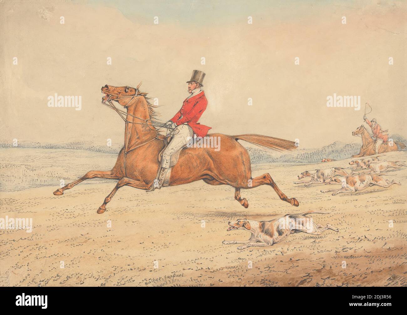 Rather Too Fast', Henry Thomas Alken, 1785–1851, British, undated, Graphite and watercolor on medium, slightly textured, cream, wove paper, Sheet: 9 5/16 × 13 1/4 inches (23.7 × 33.7 cm), dogs (animals), field, galloping, horseback riders, horseback riding, horses (animals), hounds (dogs), hunt, hunters, hunting, landscape, men, sporting art, whip Stock Photo