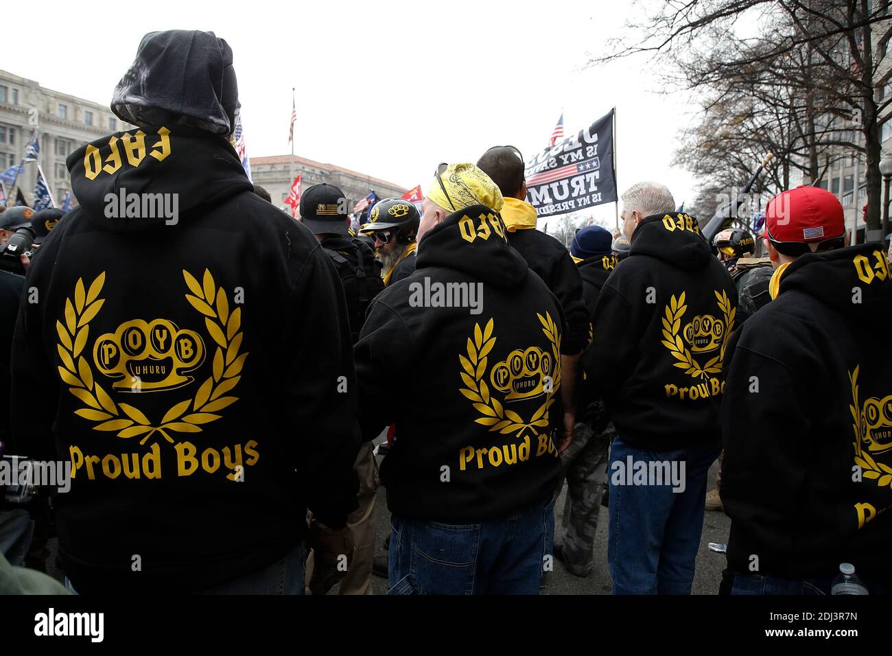 Proud Boys attend a rally in Freedom Plaza.Backers continue to support the President’s unproven claims of massive voter fraud and electoral irregularities. Following the November MAGA (Make America Great Again) rally in Washington, Women for America First, a conservative organization, has filed for another permit to rally in support of President Trump, just two days before the electors form each state are to vote for their candidate. Stock Photo