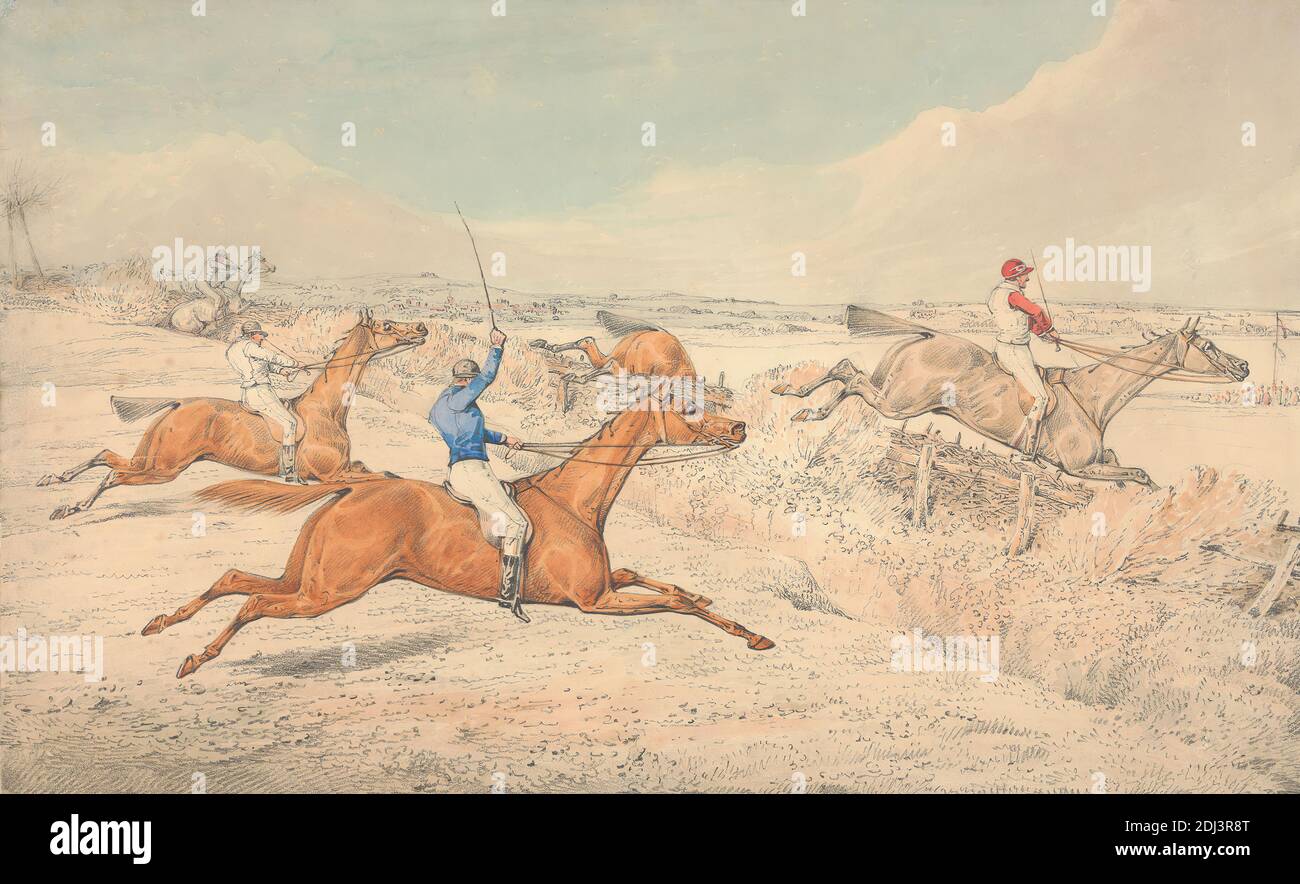 Steeplechasing: Four Riders Taking a Ditch and an Oxer, Henry Thomas Alken, 1785–1851, British, undated, Watercolor, pen and black ink, and graphite on medium, slightly textured, cream, wove paper, Sheet: 9 15/16 × 16 3/16 inches (25.2 × 41.1 cm), ditch, falling, fence, fields, galloping, hedge, horse racing, horseback riders, horseback riding, horses (animals), jockeys, jumping, landscape, men, race (event), sporting art, whips (animal equipment Stock Photo
