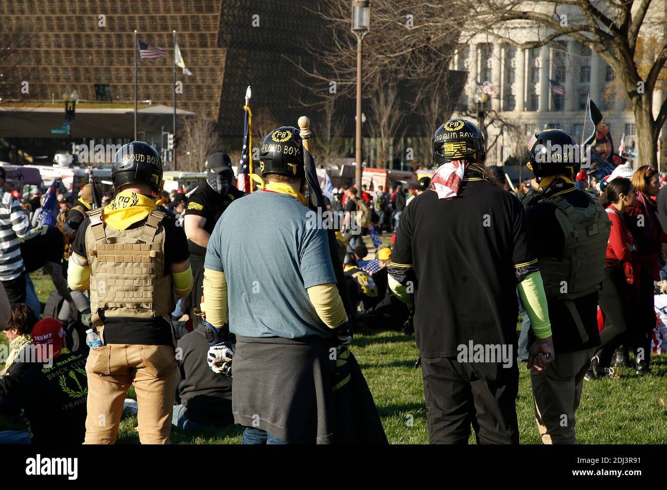 Proud Boys gather at the National Mall in Washington during the demonstration.Backers continue to support the President’s unproven claims of massive voter fraud and electoral irregularities. Following the November MAGA rally in Washington, Women for America First, a conservative organization, has filed for another permit to rally in support of President Trump, just two days before the electors form each state are to vote for their candidate. Stock Photo