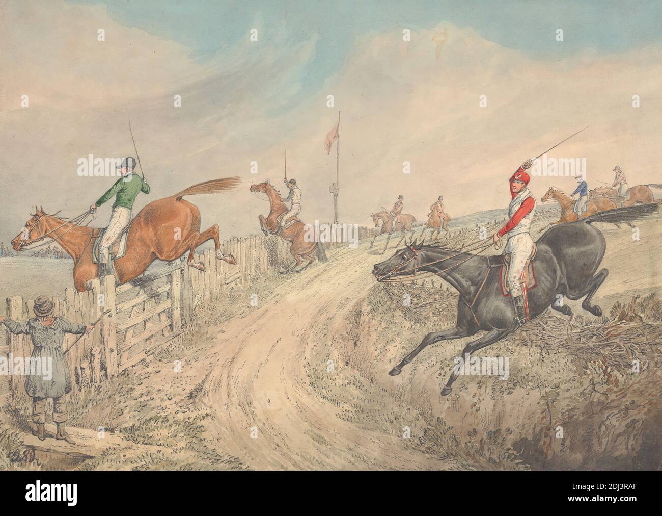 Steeplechasing: The Field Jumping Into and Out of a Lane, Henry Thomas Alken, 1785–1851, British, undated, Graphite and watercolor on moderately thick, moderately textured, beige, wove paper, Sheet: 10 1/4 × 14 3/8 inches (26 × 36.5 cm), fence, flag, horse racing, horseback riders, horseback riding, horses (animals), jockeys, jumping, lane (road), men, race (event), road, sporting art Stock Photo