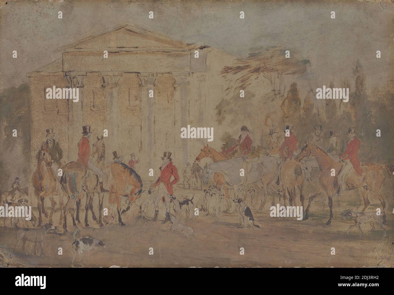 A Meet of the Quorn at Garrendon Park, Loughborough, Leicestershire, John Ferneley, 1782–1860, British, undated, Oil, watercolor, gouache, and graphite on very thick, rough, brown, wood board, Sheet: 10 3/4 × 15 3/4 inches (27.3 × 40 cm), building, dogs (animals), horseback riders, horseback riding, horses (animals), hounds (dogs), hunt, hunters, hunting, meeting, men, sporting art, trees, England, Europe, Leicestershire, Loughborough, United Kingdom Stock Photo