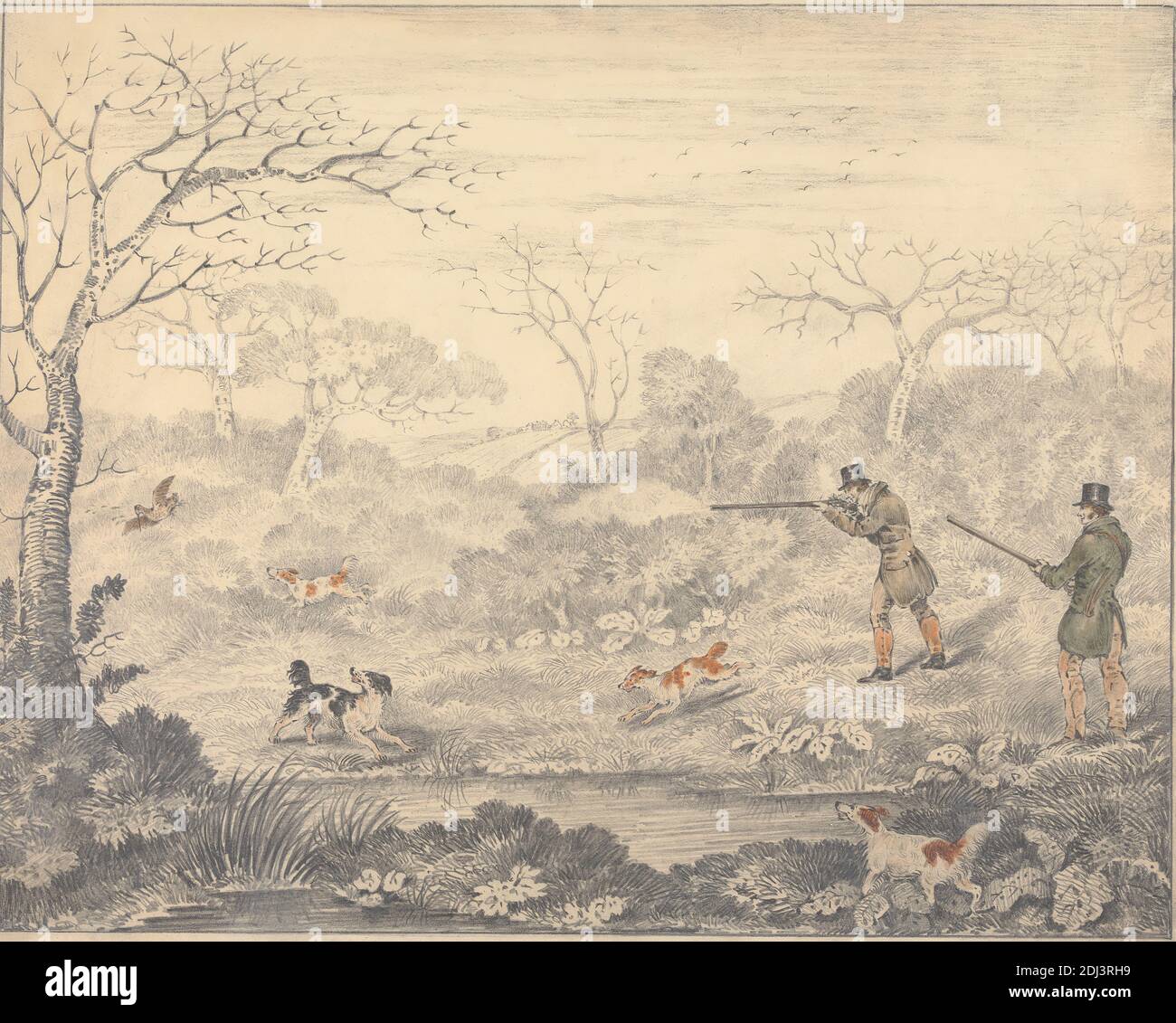 Woodcock Shooting, Edwin Gill, active 1810, died 1868, undated, Graphite and watercolor on medium, smooth, cream, wove paper, Sheet: 10 3/4 × 13 1/2 inches (27.3 × 34.3 cm) and Image: 10 1/2 × 13 1/4 inches (26.7 × 33.7 cm), dogs (animals), guns, hunting, hounds (dogs), hunters, hunting, landscape, men, pond, sporting art, trees, woodcocks (birds Stock Photo